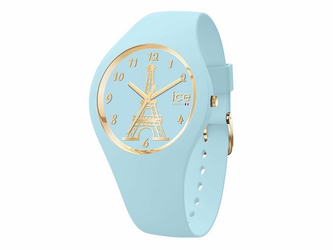 Die Ice Watch Uhr 023245 - ICE cocorico Hellblau in Small zeigt ein hellblaues Zifferblatt mit dem Eiffelturm und goldenen Zeigern sowie einer goldenen Lünette. Ideal für modische Akzente.