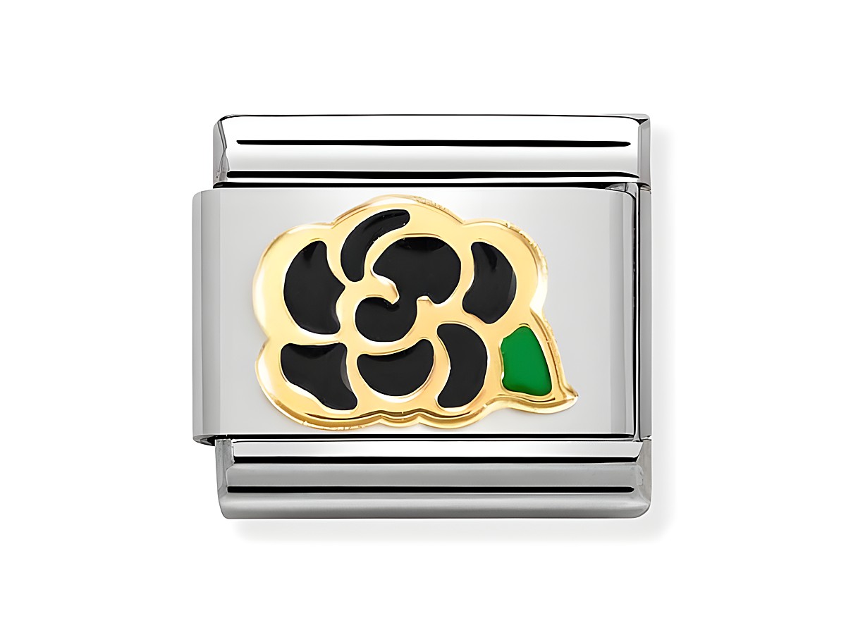 Edelstahlarmband aus der Kollektion Nomination mit einem emaillierten Anhänger in Form einer Kamelie in Schwarz und 750 Gelbgold mit grüner Akzentfarbe.