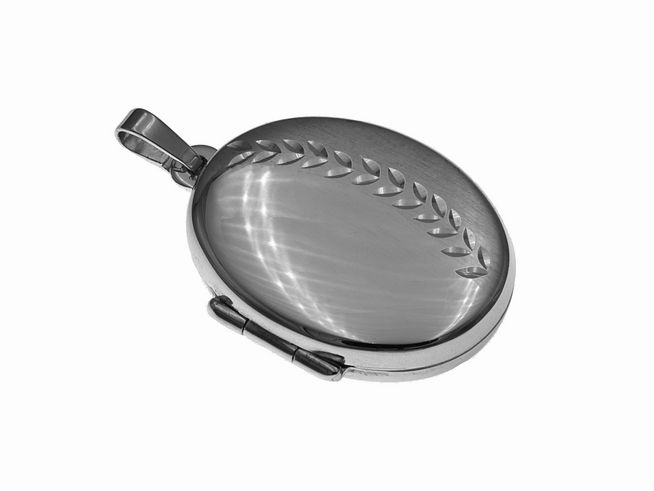 Silber Medaillon oval mattiert poliert rhodiniert von Juwelier Harnisch mit elegantem Design und feiner Verzierung, ideal für persönliche Erinnerungen oder als Geschenk.