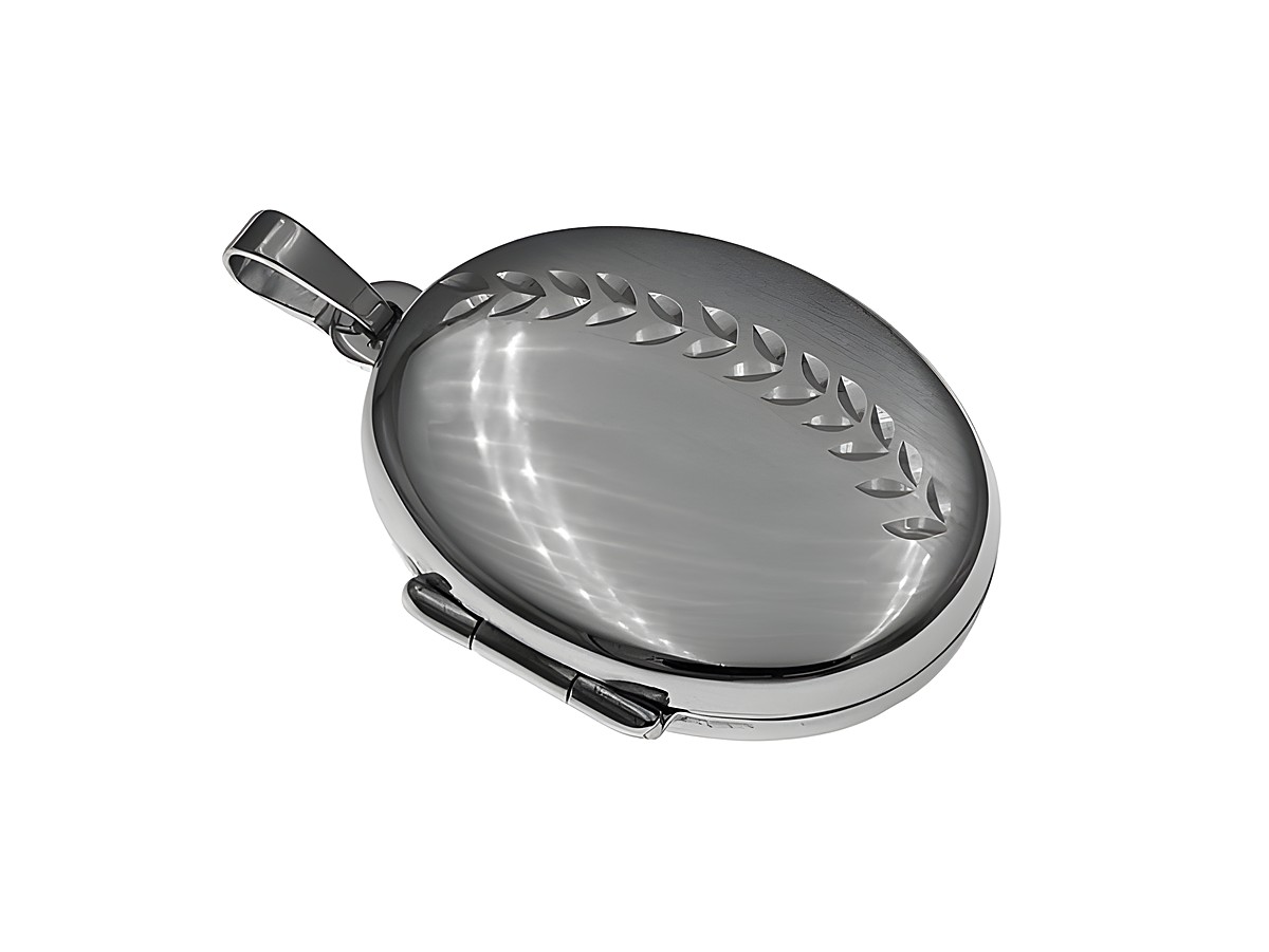 Silber Medaillon oval mattiert poliert rhodiniert von Juwelier Harnisch mit elegantem Design und feiner Verzierung, ideal für persönliche Erinnerungen oder als Geschenk.