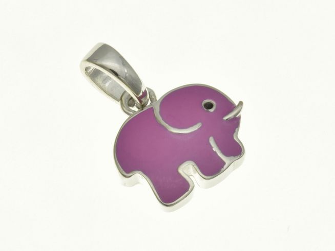 Elefant Anhänger aus rhodiniertem Sterling Silber mit lila Lack, hergestellt vom Juwelier Harnisch, ideal für Kinder.