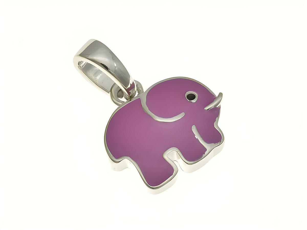 Elefant Anhänger aus rhodiniertem Sterling Silber mit lila Lack, hergestellt vom Juwelier Harnisch, ideal für Kinder.