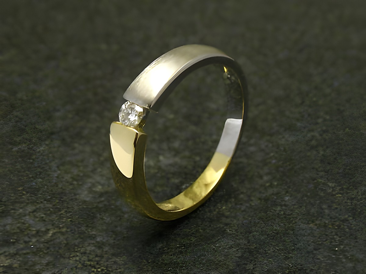 Bicolor Gold Ring teilmattiert mit einem Diamanten in Größe 58/18,5, gefertigt vom Juwelier Harnisch, elegant und modern im Design, ideal für besondere Anlässe.