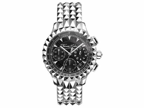 56968928-0 Thomas Sabo Herrenuhr WA0358-201-203 mit schwarzem Zifferblatt, Chronographen-Funktion und pyramidenförmigem Armband in Silber, elegant und sportlich zugleich.