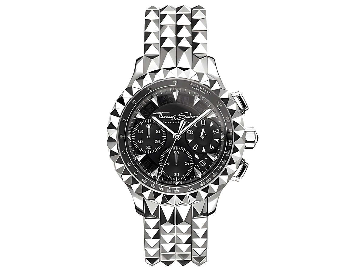 Thomas Sabo Herrenuhr WA0358-201-203 mit schwarzem Zifferblatt, Chronographen-Funktion und pyramidenförmigem Armband in Silber, elegant und sportlich zugleich.