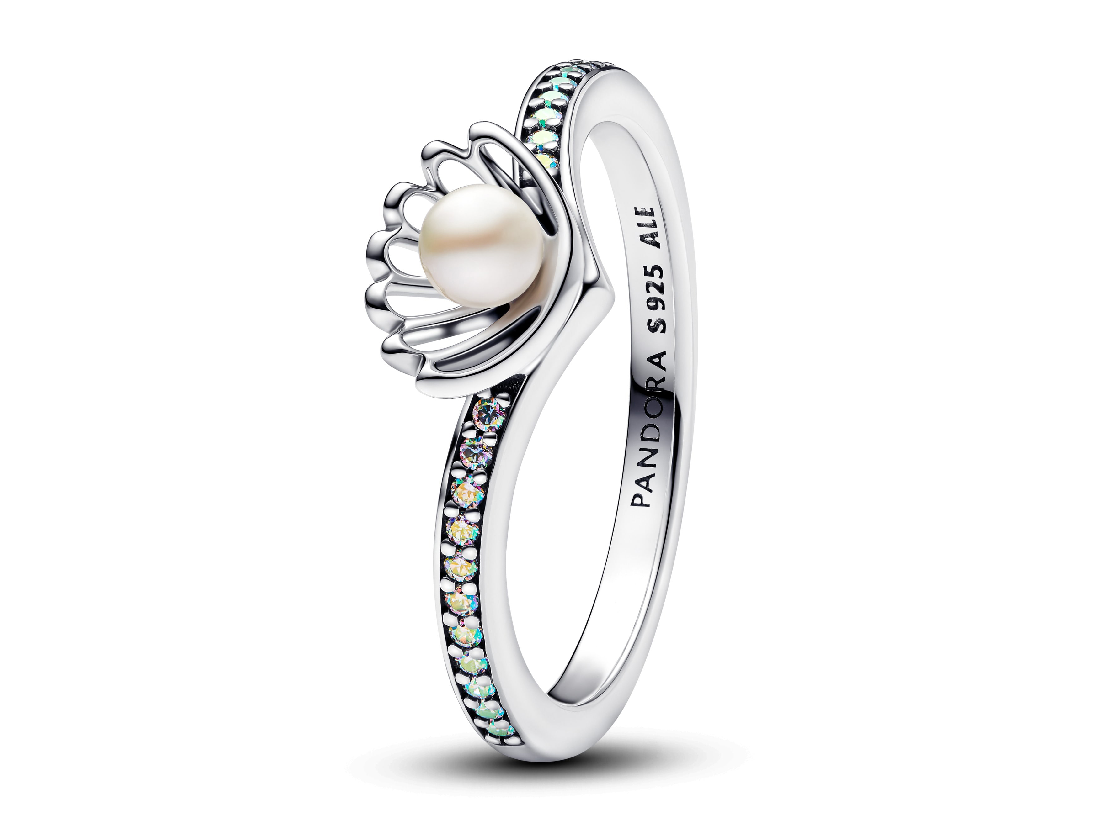 Pandora Ring in Silber mit Zuchtperle und Aurora Borealis Zirkonia, inspiriert von Disney Ariels Welt, filigranes Design, Größe 48, ideal für Sammler und Fans.