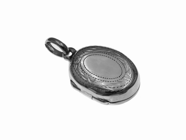 Sterling Silber Medaillon von Juwelier Harnisch, ovaler Form mit feinem Muster am Rand, ideal für persönliche Gravuren und als Schmuckstück für besondere Anlässe.