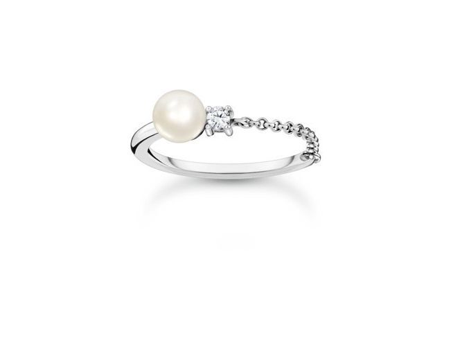 Thomas Sabo Charming Ring TR2369-167-14-58 aus Sterling Silber mit einer weißen Perle und Zirkonia, Größe 58, elegant und modern, ideal für besondere Anlässe.