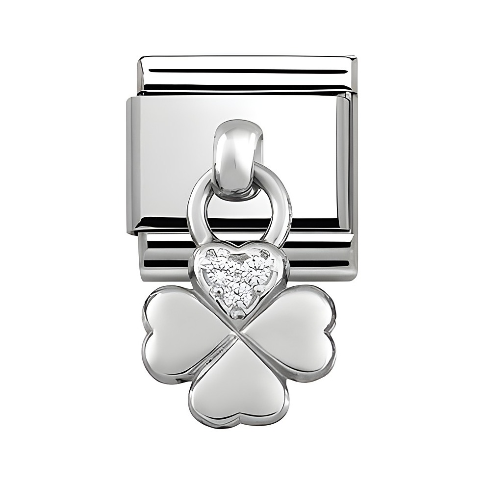 Ein silbernes Charms aus Edelstahl in Form eines Kleeblatts mit einem herzförmigen Detail, das mit glitzernden Elementen verziert ist. Ideal für Anhänger von Nomination.