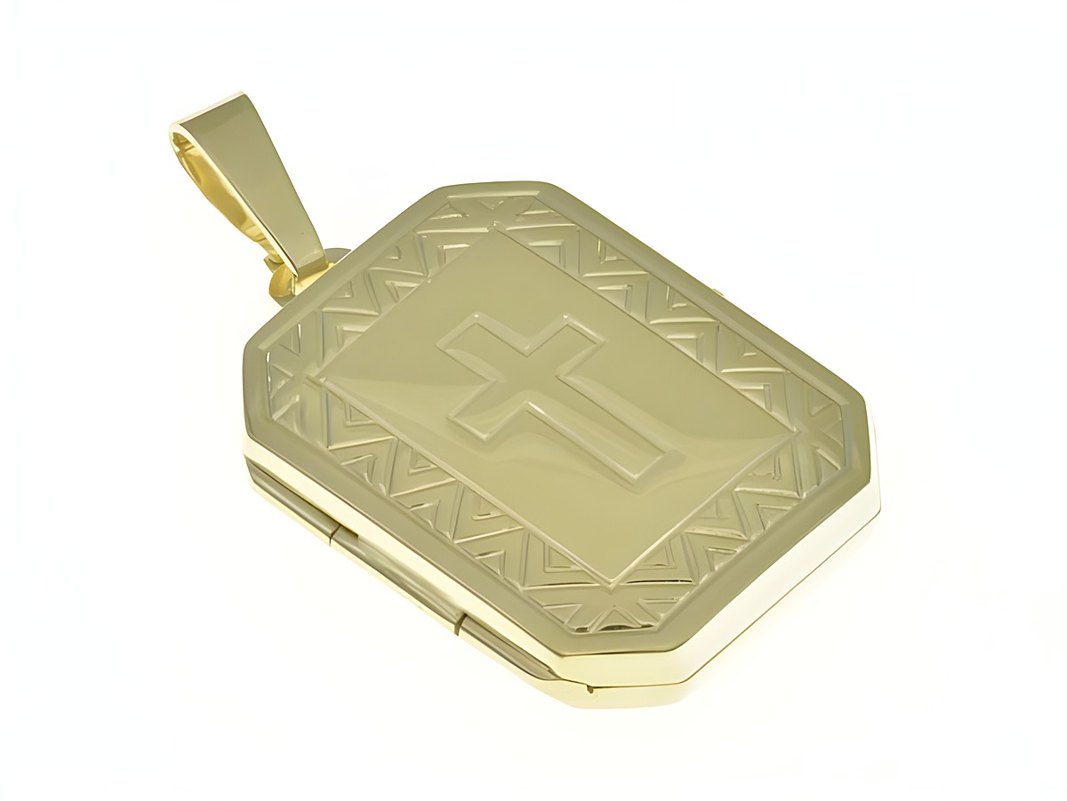 Medaillon rechteckig im Diamantschliff aus 333 Gelbgold, teilmattiert mit Kreuz, Hersteller Juwelier Harnisch, eckig, elegant und zeitlos.