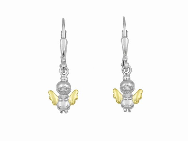 Ohrringe Ohrhänger Engel mit goldenen Flügeln aus Sterling Silber, rhodiniert und vergoldet, für Kinder, von Juwelier Harnisch. Ideal für kleine Liebhaber von feinem Schmuck.