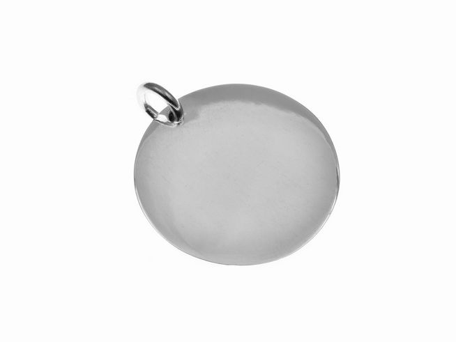 Runde, polierte Gravurplatte aus 925 Sterling Silber als Anhänger des Herstellers Juwelier Harnisch, schlichtes Design, ideal für persönliche Gravuren.