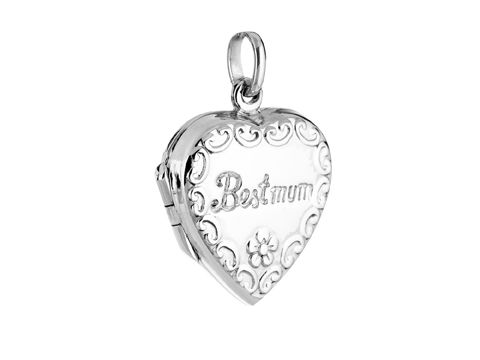 Medaillon Herz flach aus Silber mit der Gravur Best Mum, dekoriert mit vielen feinen Verzierungen, von Juwelier Harnisch, ideal als persönliches Geschenk.