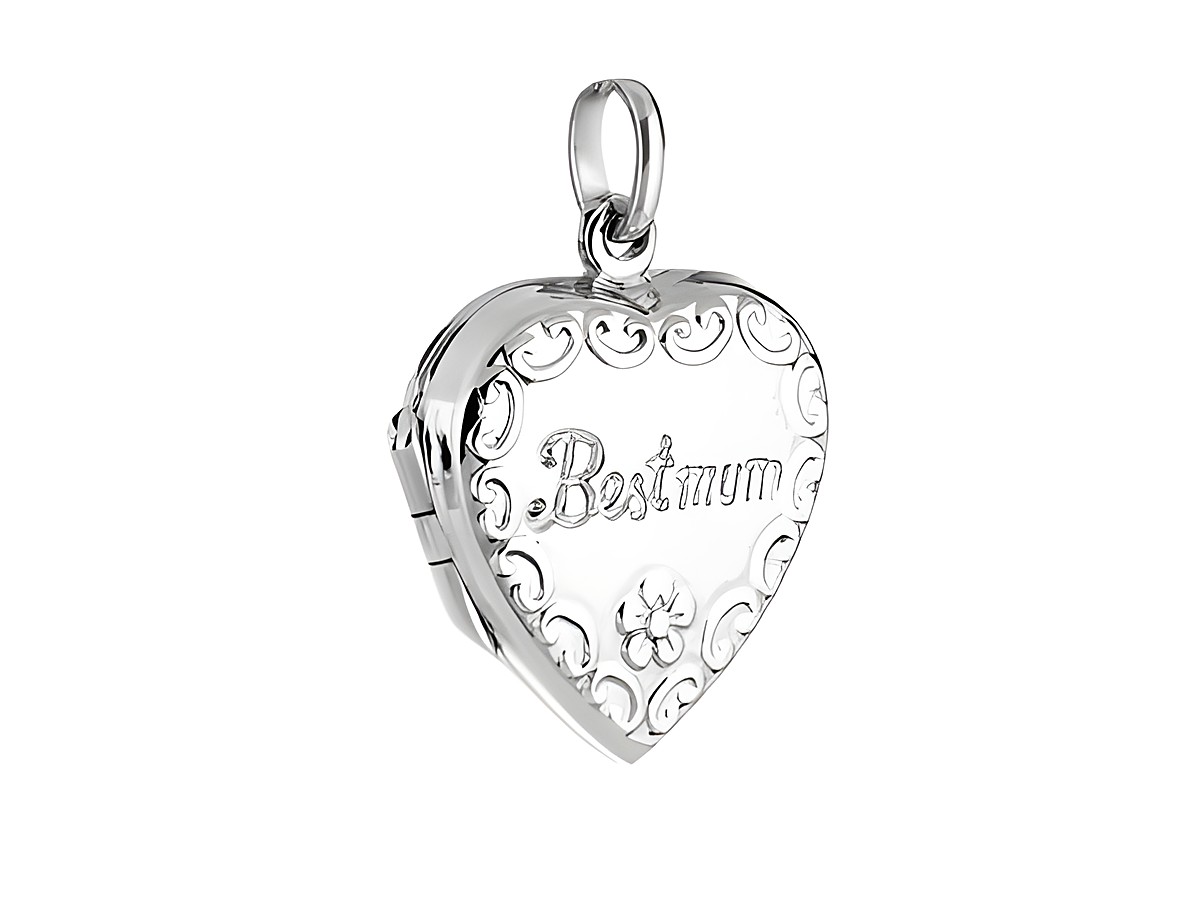 Medaillon Herz flach aus Silber mit der Gravur Best Mum, dekoriert mit vielen feinen Verzierungen, von Juwelier Harnisch, ideal als persönliches Geschenk.