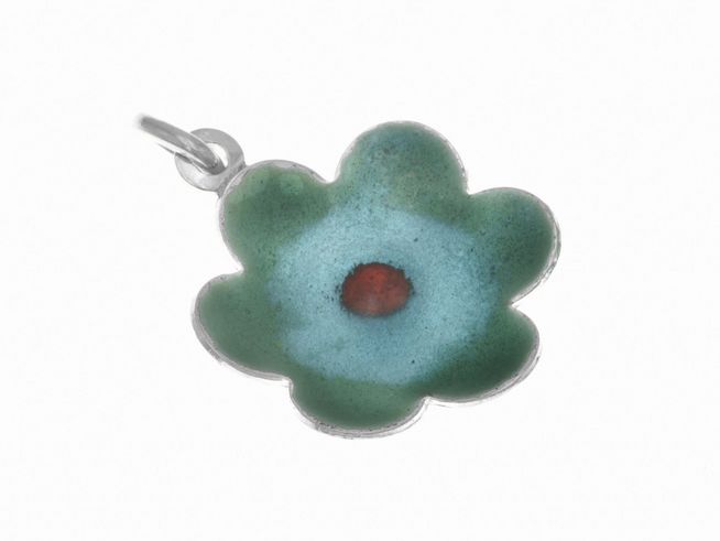 Anhänger in Form einer blühenden Blume, gefertigt aus poliertem Sterling Silber mit farbigem Lack in Blau und Rot, ideal für Kinder, Hersteller Juwelier Harnisch.
