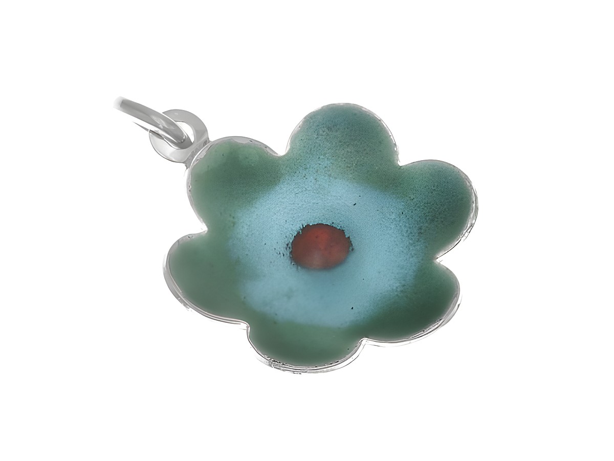 Anhänger in Form einer blühenden Blume, gefertigt aus poliertem Sterling Silber mit farbigem Lack in Blau und Rot, ideal für Kinder, Hersteller Juwelier Harnisch.