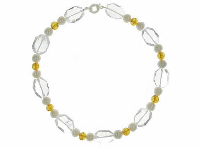 Steinkette aus Bernstein und Bergkristall kombiniert mit weißen Süßwasser-Zuchtperlen, 46 cm lang, Silberverschluß, elegantes Design in Weiß und Orange, Hersteller Juwelier Harnisch.