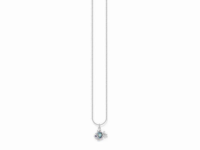Silberne Kette von Thomas Sabo mit einem Anhänger in Form eines Fisches, verziert mit Glas-Keramik Stein, einstellbare Länge von 38 bis 45 cm.
