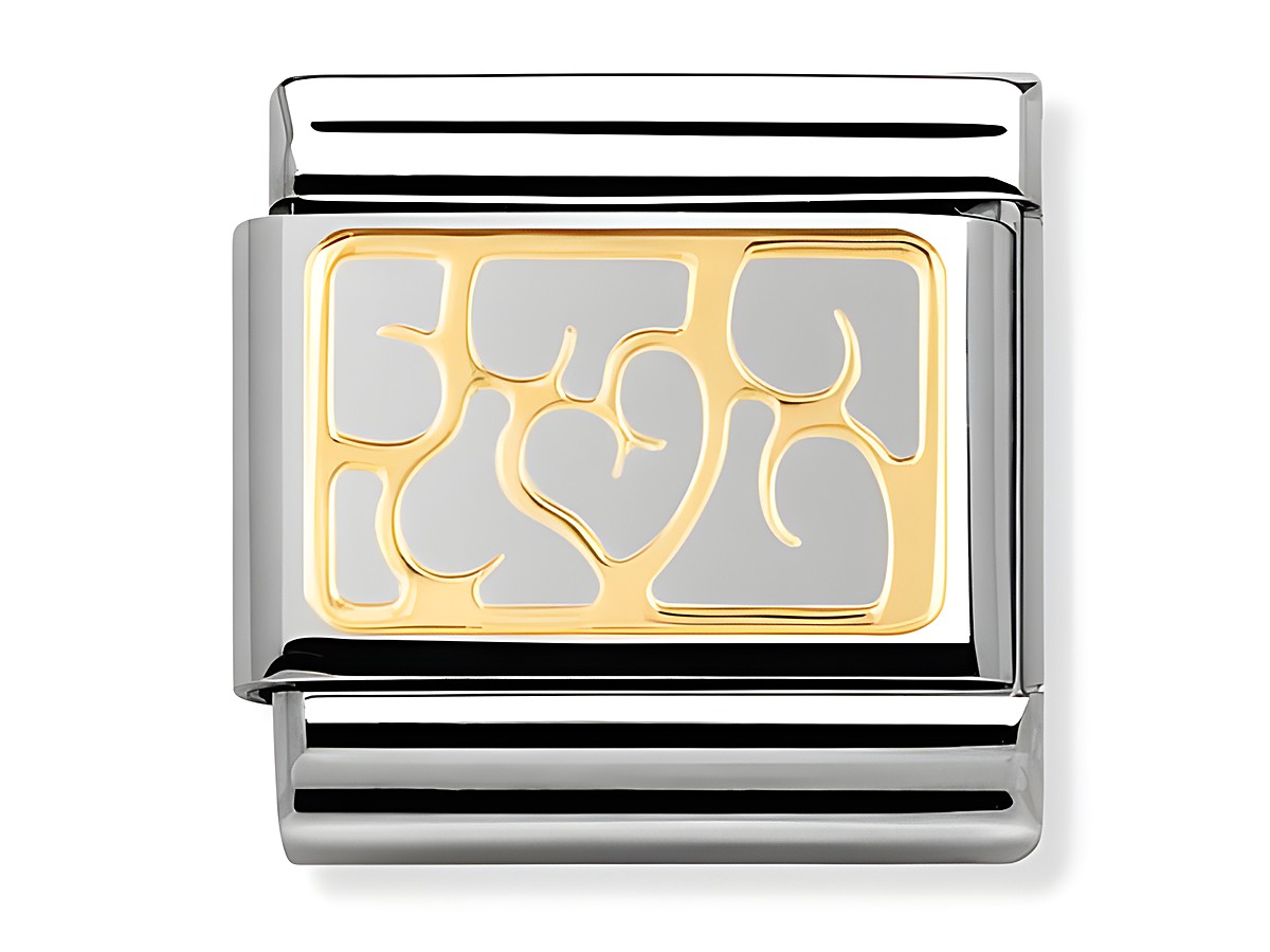 Elegantes Charm aus der Elegance Collection von Nomination, besteht aus Edelstahl und Gold mit einem abstrakten Herzendesign, ideal für individuelle Armbänder.