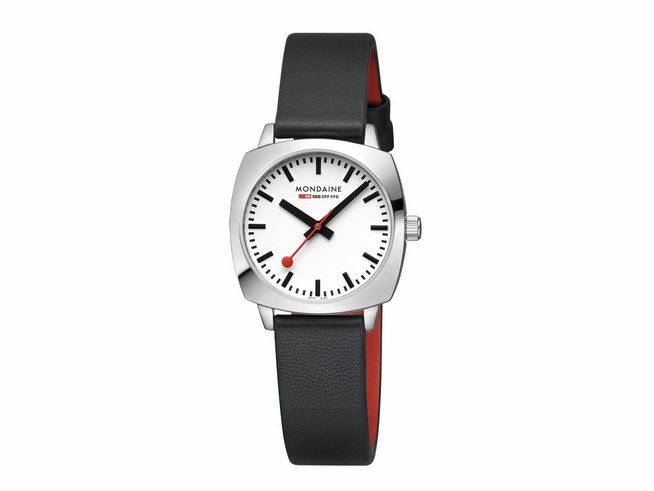 Mondaine Cushion MSL.31110.LBV 31 mm Armbanduhr mit quadratischem Edelstahlgehäuse, weißem Zifferblatt, schwarzen Zeigern und rotem Sekundenzeiger, schwarzem Lederarmband mit rotem Innenfutter.