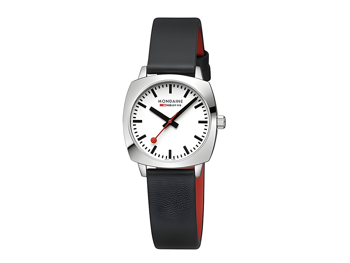 Mondaine Cushion MSL.31110.LBV 31 mm Armbanduhr mit quadratischem Edelstahlgehäuse, weißem Zifferblatt, schwarzen Zeigern und rotem Sekundenzeiger, schwarzem Lederarmband mit rotem Innenfutter.