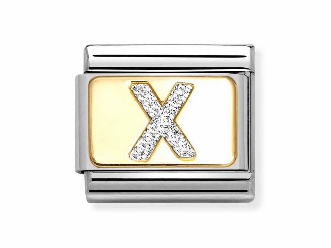 Ein elegantes Charm mit dem Buchstaben X in Emaille, umgeben von silber-glitzernden Elementen, kombiniert mit Gelbgold und Edelstahl, ideal für eine stilvolle Armbandgestaltung.