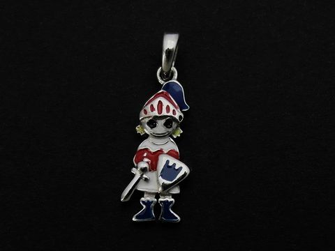 Ritter Silber Anhänger märchenhaft mit Lack in Rot, Blau, Weiß und Schwarz, Hersteller Juwelier Harnisch, ideal für Kinder.