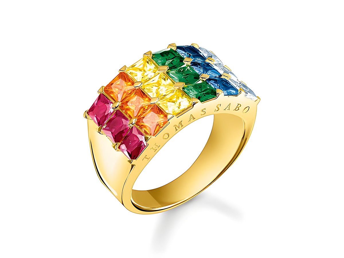 Ring aus Sterling Silber, vergoldet in Gelbgold mit bunten, funkelnden Steinen in Regenbogenfarben, Größenangabe 48, Hersteller Thomas Sabo.