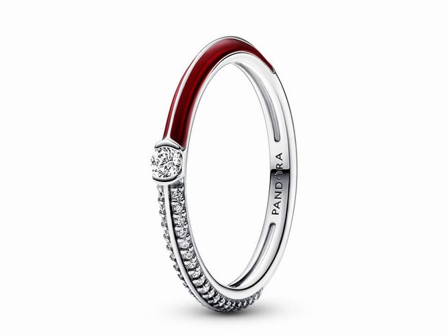 Pandora ME Ring 192528C01-58 in Silber mit rotem Doppelring und Pavé-Zirkonia. Größe 58/18,5, elegantes Design mit funkelnden Details.
