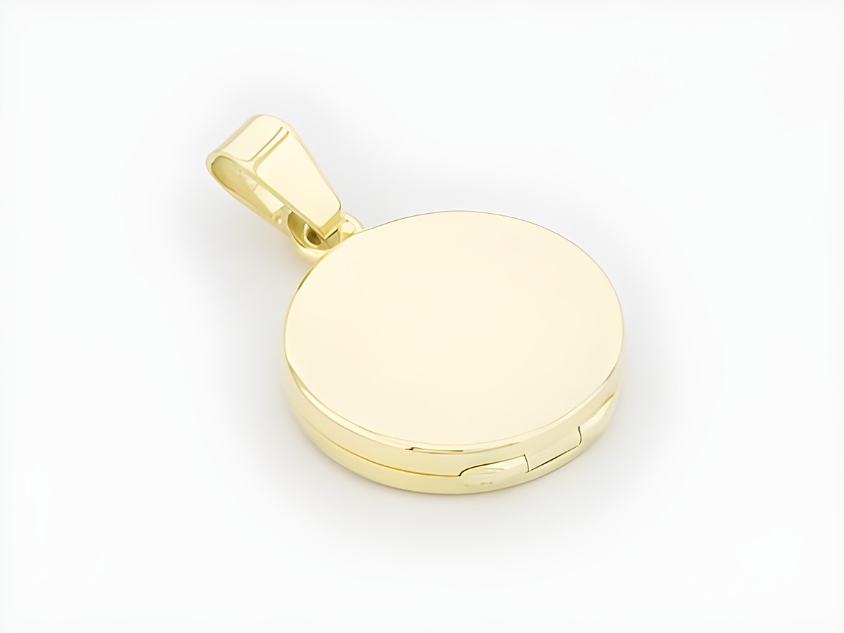 Rundes Gold Medaillon aus 585 Gold von Juwelier Harnisch, reizend in mattierter und polierter Optik, ideal für persönliche Gravuren oder als Schmuckstück.
