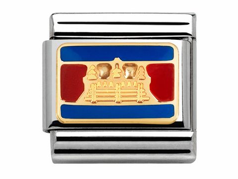 Ein Schmuckstück mit der Flagge von Kambodscha, gestaltet in Gold und Emaille. Die Flagge zeigt einen blauen Hintergrund mit rotem und goldenem Tempelmotiv in der Mitte.