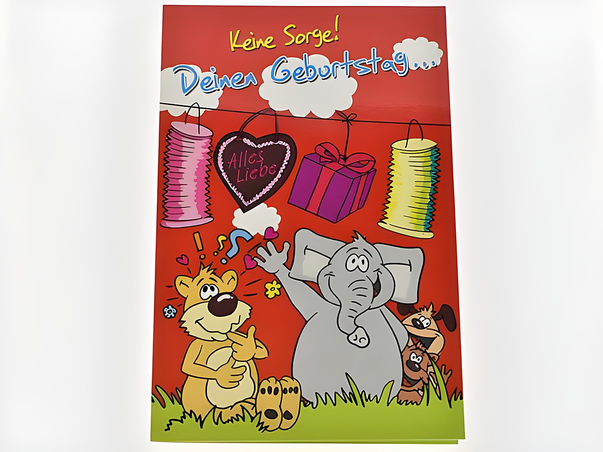 Eine bunte Geburtstagskarte mit fröhlichen Tieren, darunter ein Löwe, ein Elefant und ein Hund, die zum Geburtstag gratulieren. Bunte Geschenke und Laternen verzieren die Karte.
