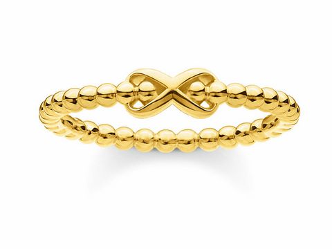 Silberner Ring von Thomas Sabo mit gelbgoldener Oberfläche in Größe 56, verziert mit einem unendlichen Zeichen und einer strukturierten Kugeloptik. Ideal für modische Akzente.