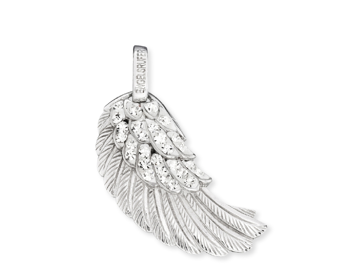 Ein silberner Engelsrufer Anhänger in Form eines Flügels, verziert mit weißen Kristallen, hochwertige Verarbeitung, glänzende Oberfläche, ca. 3 cm groß, ideal für ein außergewöhnliches Schmuckstück.