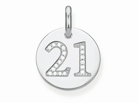 Silberner Anhänger von Thomas Sabo mit der Gravur 21 und funkelnden Zirkonia-Steinen, hochwertig verarbeitet, perfekt für persönlichen Schmuck.