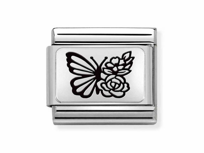 433011122-0 Edelstahl Charm von Nomination Classic Silber 330111 22 mit einem filigranen Schmetterling und floralen Motiven aus Sterling Silber, ideal für individuelle Schmuckstücke.