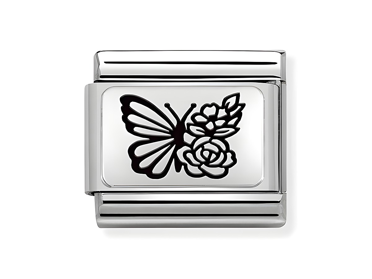 Edelstahl Charm von Nomination Classic Silber 330111 22 mit einem filigranen Schmetterling und floralen Motiven aus Sterling Silber, ideal für individuelle Schmuckstücke.