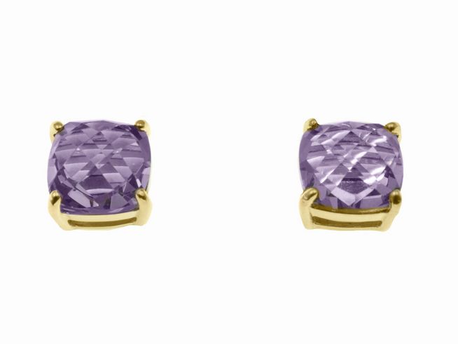Ohrringe mit Kissenschliff aus violettem Zirkonia, gefasst in Sterling Silber mit Gelbgold Vergoldung, hergestellt von Juwelier Harnisch. Elegant und stilvoll für jeden Anlass.