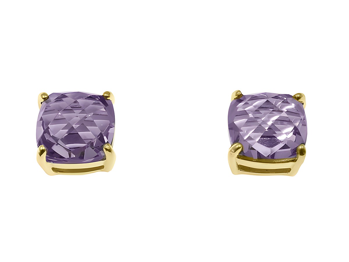 Ohrringe mit Kissenschliff aus violettem Zirkonia, gefasst in Sterling Silber mit Gelbgold Vergoldung, hergestellt von Juwelier Harnisch. Elegant und stilvoll für jeden Anlass.