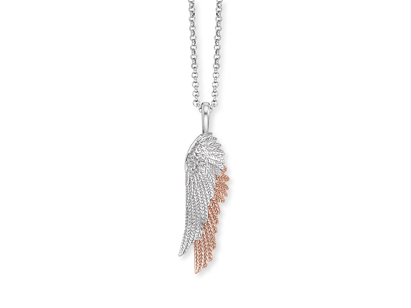 Kette von Engelsrufer mit einem Bicolor-Anhänger in Form von Flügeln, Teil rhodiniert in Silber und Teil in Roségold, elegant und detailreich gestaltet, 42 cm lang.