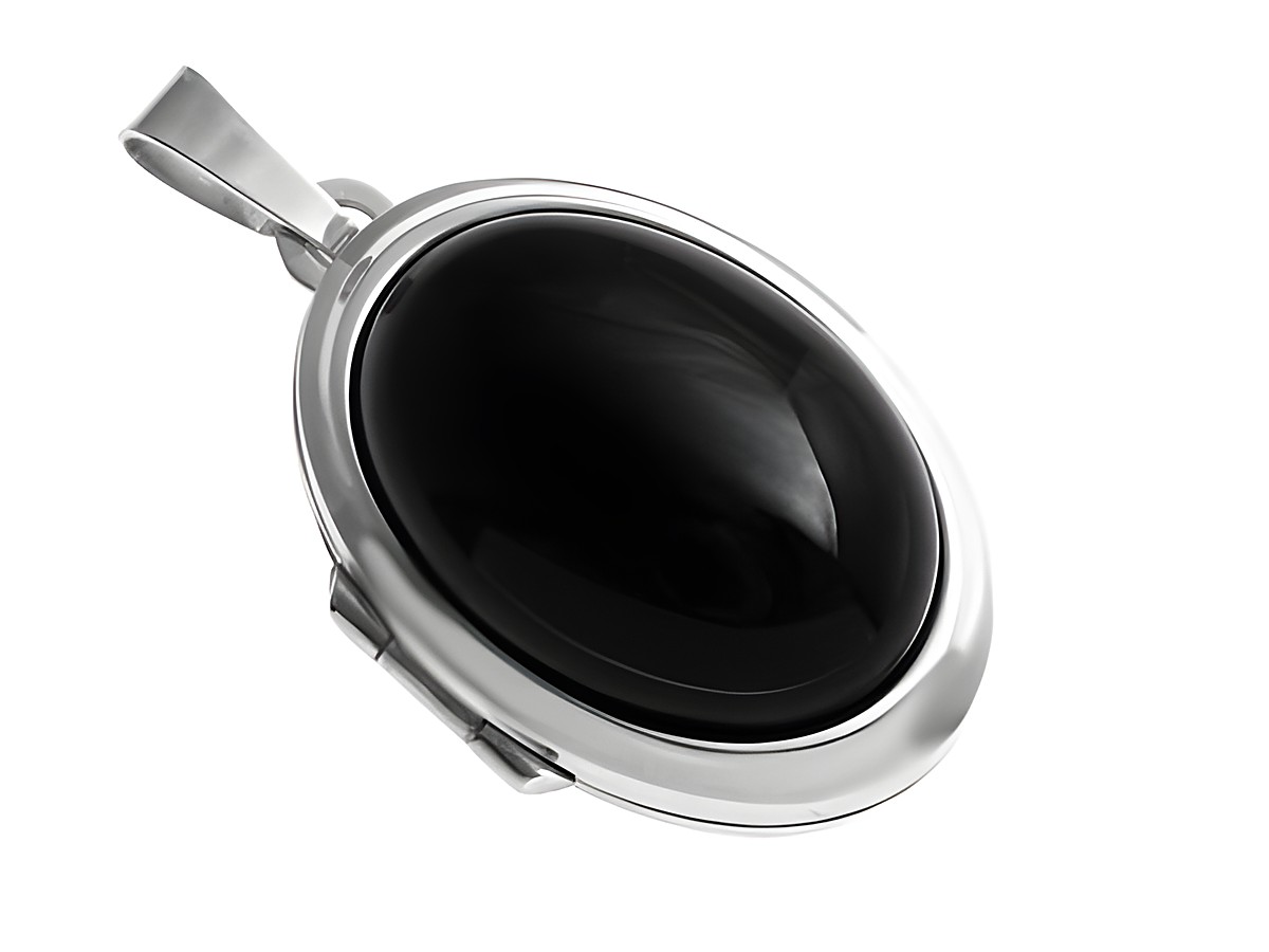 Onyx Cabochon rhod Sterling Silber Medaillon in schwarz, hergestellt von Juwelier Harnisch, mit rhodiniertem Sterling Silber, ovaler Form und glänzender Oberfläche.