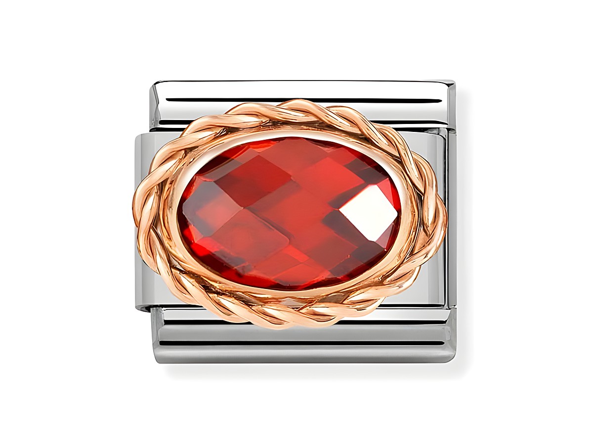 Charm von Nomination Classic 430603 05 aus Edelstahl und Roségold mit ovalem, facettiertem roten Zirkonia Stein, umgeben von einem geflochtenen Roségold-Rahmen.