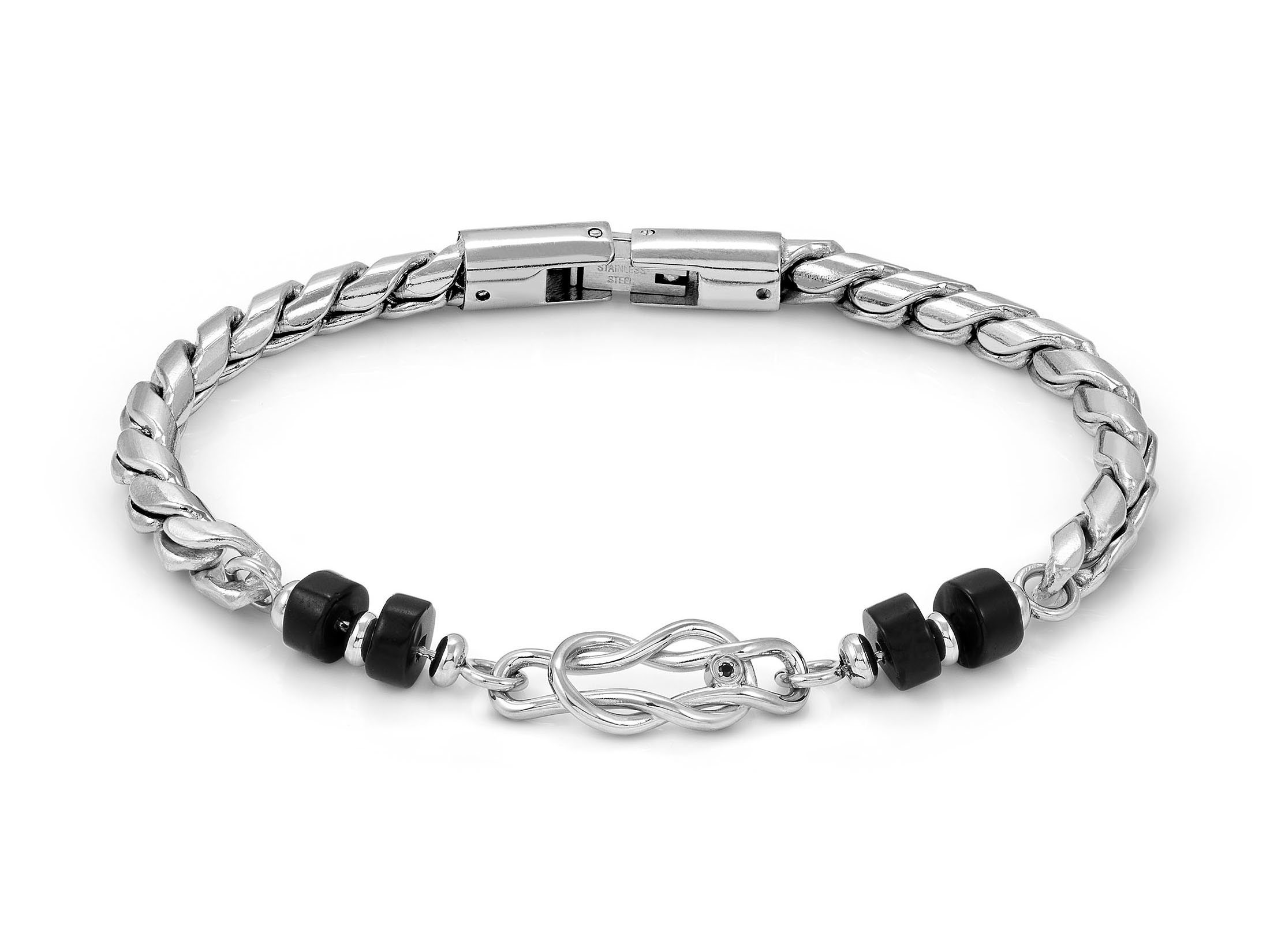Elegantes Armband aus geflochtenem Silber mit schwarzen Achatkugeln, Hersteller Nomination, Modell 027506 66 ATLANTE STONES EDITION, geeignet für Handgelenke von 19,5 bis 23 cm.