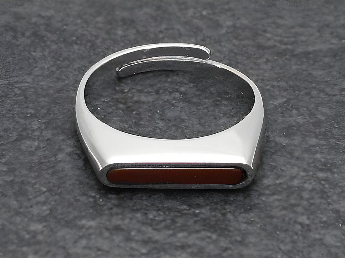 Silberring rho in modernem Design, verstellbar, mit einem roten Karneolstein, rhodiniert, hergestellt von Juwelier Harnisch, elegant und minimalistisch.