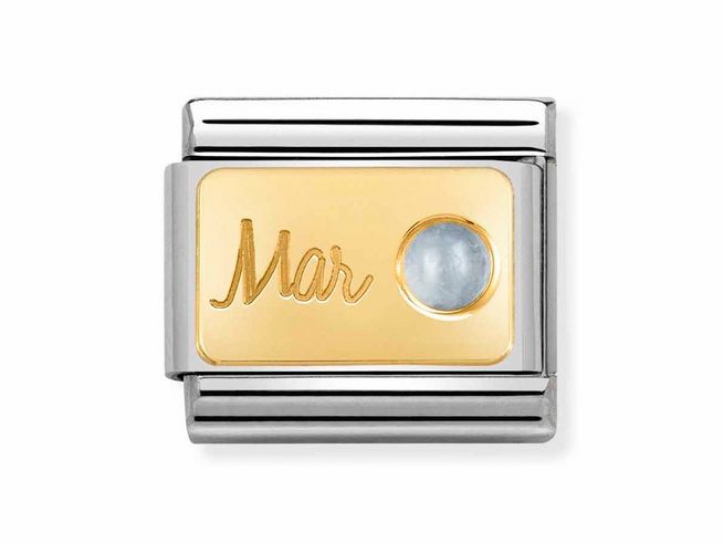 Charm aus Edelstahl und 585er Gold mit dem Monatsstein Aquamarin für den Monat März, eingraviert mit dem Wort Mar und einem glänzenden Aquamarin.