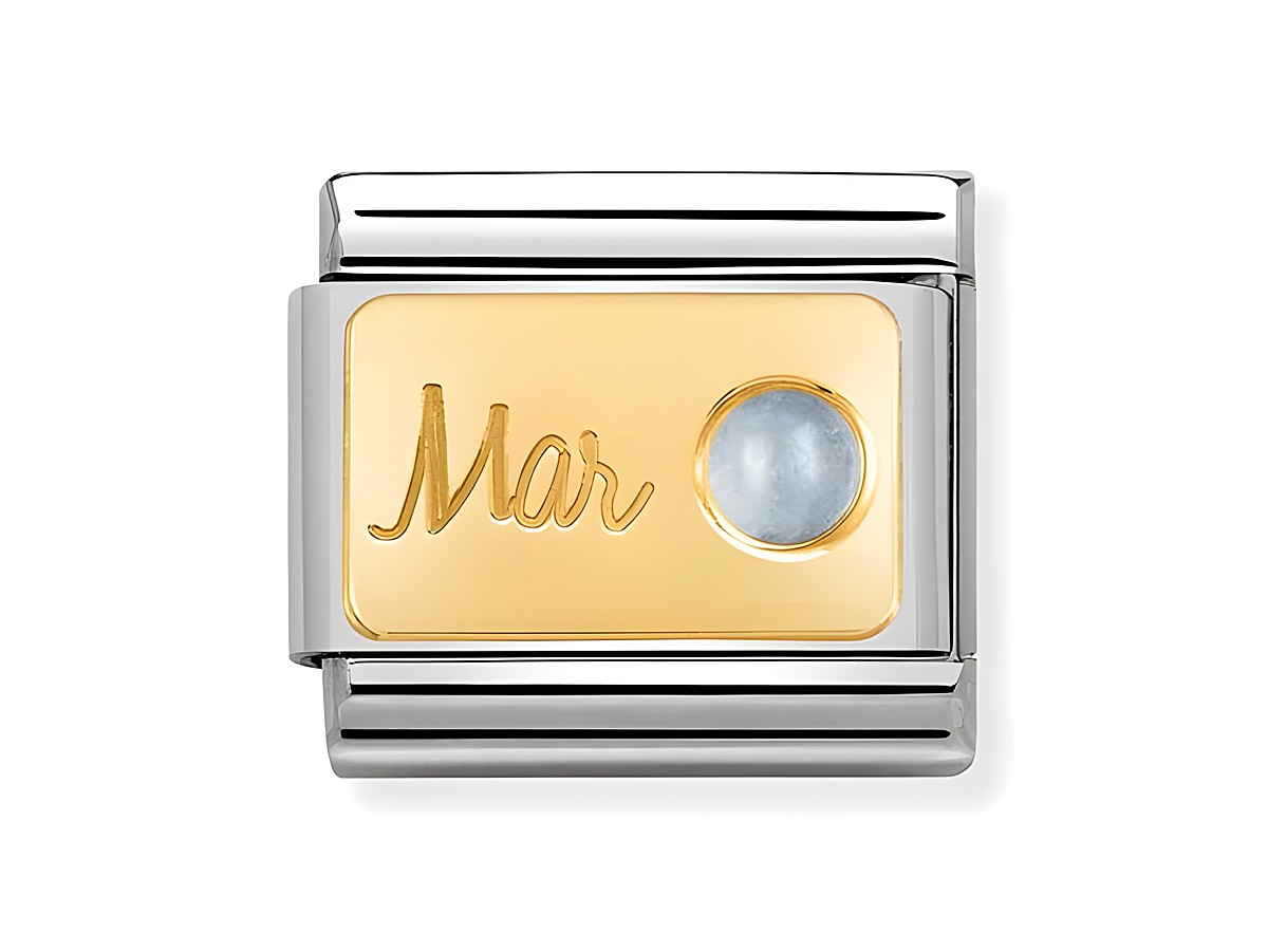 Charm aus Edelstahl und 585er Gold mit dem Monatsstein Aquamarin für den Monat März, eingraviert mit dem Wort Mar und einem glänzenden Aquamarin.
