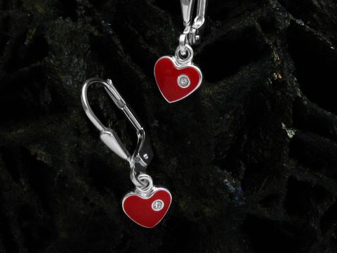 Herz emaillierter Sterling Silber Ohrhänger mit Kristall, Hersteller Juwelier Harnisch, für Kinder. Schmuckstück in Herzform mit rot emaillierter Oberfläche.