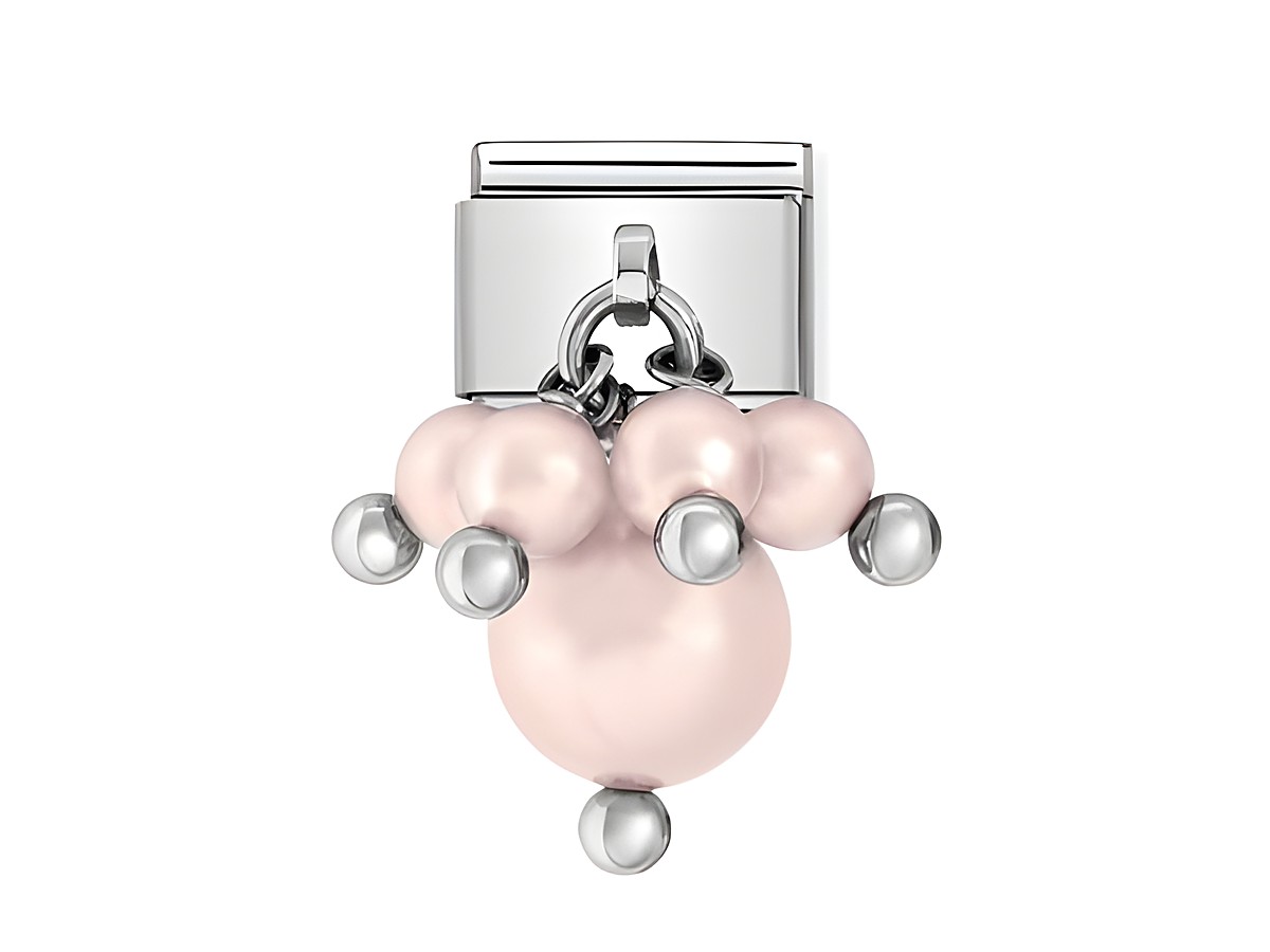 Charm in pastellrosa von Nomination mit mehreren runden Perlen und silbernen Elementen, geeignet für Armbänder und Schmuckkollektionen. Elegantes und modernes Design.