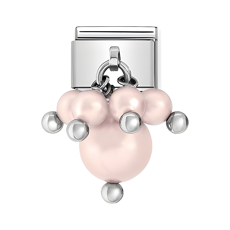Charm in pastellrosa von Nomination mit mehreren runden Perlen und silbernen Elementen, geeignet für Armbänder und Schmuckkollektionen. Elegantes und modernes Design.