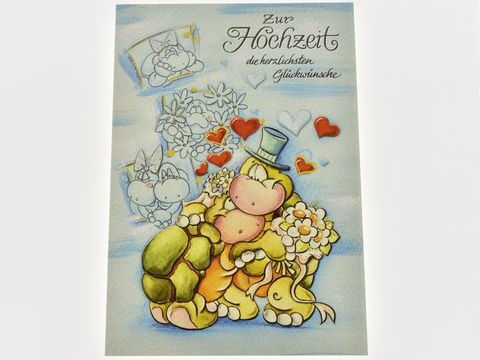 Eine liebevolle Hochzeitskarte mit zwei süßen Schildkröten, die sich umarmen und Blumen halten, darunter steht zur Hochzeit die herzlichsten Glückwünsche, von Juwelier Harnisch.